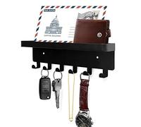 GTK Key Holder with Tray and 6 Hooks for Hallway, Key Rack with Shelf for Mail Storage (Black)
