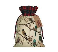 GTKSYNVE Birds on branches Christmas Gift Bags with Tags & Ribbon Ties, Xmas Drawstring Candy Treat Bag Buffalo Plaid Christmas Gifts Sacks Reusable Gift Wrapping Bags for Holiday Party Favors, Black