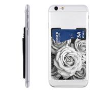 GTKSYNVE Black White Rose Phone Wallet Stick On, Leather Phone Card Holder, Adhesive Credit Card Holder for Phone Case, Id Card Pouch Sleeve Compatible for Most of Cellphone