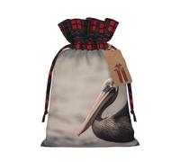 GTKSYNVE Brown pelican Christmas Gift Bags with Tags & Ribbon Ties, Xmas Drawstring Candy Treat Bag Buffalo Plaid Christmas Gifts Sacks Reusable Gift Wrapping Bags for Holiday Party Favors Small