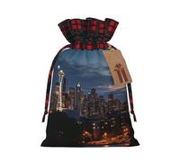 GTKSYNVE City Seattle Christmas Gift Bags with Tags & Ribbon Ties, Xmas Drawstring Candy Treat Bag Buffalo Plaid Christmas Gifts Sacks Reusable Gift Wrapping Bags for Holiday Party Favors Medium
