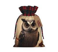 GTKSYNVE Cute Owl Christmas Gift Bags with Tags & Ribbon Ties, Xmas Drawstring Candy Treat Bag Buffalo Plaid Christmas Gifts Sacks Reusable Gift Wrapping Bags for Holiday Party Favors, Black, Medium
