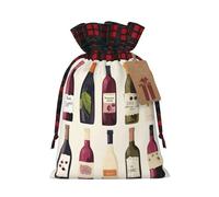 GTKSYNVE Cute Wines Bottle Christmas Gift Bags with Tags & Ribbon Ties, Xmas Drawstring Candy Treat Bag Buffalo Plaid Christmas Gifts Sacks Reusable Gift Wrapping Bags for Holiday Party Favors Medium