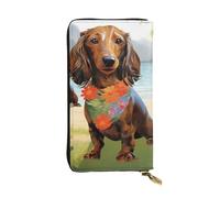 GTKSYNVE Dachshund Tropical Painting Art Leather Wallets for Women Men, RFID Blocking Large Capacity Credit Card Holder with Zipper Ladies Phone Clutch Handbag Travel Purse Gifts for Birthday