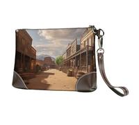 GTKSYNVE Genuine Leather Wristlet Clutch Wallet for Women Men Old Wild West Cowboy Town Purses Travel Phone Organizer Handbag