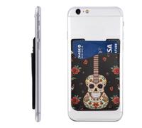 GTKSYNVE Guitar Pepper Sugar Skull Phone Wallet Stick On, Leather Phone Card Holder, Adhesive Credit Card Holder for Phone Case, Id Card Pouch Sleeve Compatible for Most of Cellphone