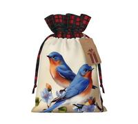 GTKSYNVE Happy Bluebirds Christmas Gift Bags with Tags & Ribbon Ties, Xmas Drawstring Candy Treat Bag Buffalo Plaid Christmas Gifts Sacks Reusable Gift Wrapping Bags for Holiday Party Favors Medium