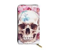 GTKSYNVE Human Skull Pink Flowers Leather Wallets for Women Men, RFID Blocking Large Capacity Credit Card Holder with Zipper Ladies Phone Clutch Handbag Travel Purse Gifts for Birthday