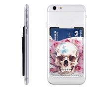 GTKSYNVE Human Skull Pink Flowers Phone Wallet Stick On, Leather Phone Card Holder, Adhesive Credit Card Holder for Phone Case, Id Card Pouch Sleeve Compatible for Most of Cellphone