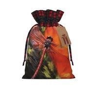 GTKSYNVE Red Dragonfly Christmas Gift Bags with Tags & Ribbon Ties, Xmas Drawstring Candy Treat Bag Buffalo Plaid Christmas Gifts Sacks Reusable Gift Wrapping Bags for Holiday Party Favors Small