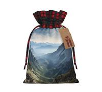 GTKSYNVE Rock Mountain Christmas Gift Bags with Tags & Ribbon Ties, Xmas Drawstring Candy Treat Bag Buffalo Plaid Christmas Gifts Sacks Reusable Gift Wrapping Bags for Holiday Party Favors Small