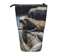GTKSYNVE Standing Pencil Case, Brown seal on the rock Telescopic Pencil Holder, Cute Makeup Cosmetics Bag with Zipper Aesthetic Pencil Bags for Christmas Holiday New Year Office Bag