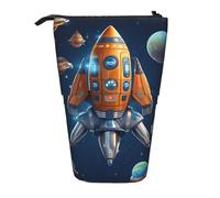 GTKSYNVE Standing Pencil Case, Cartoon Spaceship Rocket Telescopic Pencil Holder, Cute Makeup Cosmetics Bag with Zipper Aesthetic Pencil Bags for Christmas Holiday New Year Office Bag