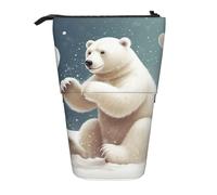 GTKSYNVE Standing Pencil Case, Funny Polar Bear Playing Snowball Telescopic Pencil Holder, Cute Makeup Cosmetics Bag with Zipper Aesthetic Pencil Bags for Christmas Holiday New Year Office Bag