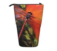 GTKSYNVE Standing Pencil Case, Red Dragonfly Telescopic Pencil Holder, Cute Makeup Cosmetics Bag with Zipper Aesthetic Pencil Bags for Christmas Holiday New Year Office Bag