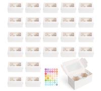 GTNCE Cupcake Boxes Desserts Cookies Stickers - 24Pcs Small Cardboard White Cupcake Boxes with 2 Holes/Clear Window Paper Cake Box with Smile Stickers for Desserts Muffins Candy Pies
