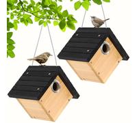 Gtongoko 1-1/8" Entrance Hole Wren House, Hanging Wren Bird Houses for Outside for Nesting with Metal Guar Bird Nest with Air Vents, Clean Door for Wildbird Watching 2 Pack Black