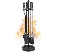 Gtongoko Fireplace Tools Set 5 Pcs 30.5 Inch Black Wrought Iron Large Fire Place Tool Set Indoor/Outdoor Include Poker, Shovel, Brush, Tong and Round Stand, Fireplace Kit Accessories Set