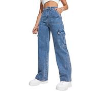 GTRQWW High Waisted Flap Pocket Side Baggy Jeans Women's Loose Jeans Waist Cargo Pants Straight Leg Streetwear Trousers(S) Blue