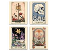 GTYNU Witchy Gothic Tarot Card Wall Art Decor Prints Set of 4, Vintage Boho the Sun Moon Star Reader Goth Skull Skeleton Tarot Posters Pictures Wall Decor for For Living Room Bedroom, 8x10 Unframed