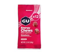GU Energy Chews, Strawberry 12 x 60g - 90 Calorie Energy Gummies with Carbohydrates, Caffeine, BCAAs and Electrolytes - Pre-Workout Fuel for Running, Cycling, Triathlon and Endurance Sports