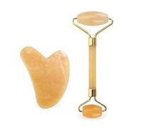 Gua Sha Facial Tool，Natural Jade Roller Guasha Skin Scraper Facial Set Facial Stone Firming Face Anti-Aging Puffy Eyes Massager Neck Anti Wrinkle-Yellow Set no Box