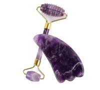 Gua sha Stein,Amethyst Rough Stone Amethyst Sawtooth Face Roller Silicone Caps Gua Sha Care Tool Sets Natural Stone Quartz Purple