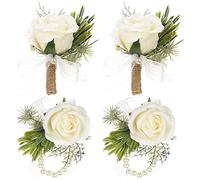 Guador Wedding Boutonniere, 2 Set White Rose Boutonniere and Roses Wrist Corsage Handmade Corsage Buttonhole Flowers Boutonniere Set Rhinestone Ribbon Flower Wedding Accessories