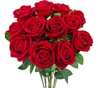 Guagb 12 Pcs Velvet Rose Artificial Flowers with Long Stems, Real Touch Fake Roses Florals for Valentine's DIY Wedding Bouquet Party Table Centerpiece Home Arrangement Decorations (Red)