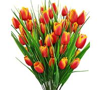 Guagb 8 Bundles Outdoor Artificial Tulips Fake Flowers UV Resistant Faux Plastic Greenery Shrubs Plants for Home Outside Garden Porch Window Farmhouse Decor (Orange)