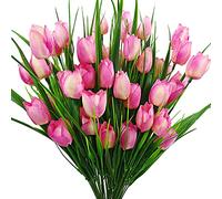 Guagb 8 Bundles Outdoor Artificial Tulips Fake Flowers UV Resistant Faux Plastic Greenery Shrubs Plants for Home Outside Garden Porch Window Farmhouse Decor (Light Pink)