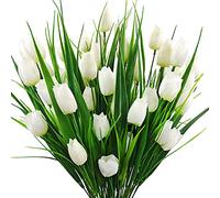 Guagb 8 Bundles Outdoor Artificial Tulips Fake Flowers UV Resistant Faux Plastic Greenery Shrubs Plants for Home Outside Garden Porch Window Farmhouse Decor (White)