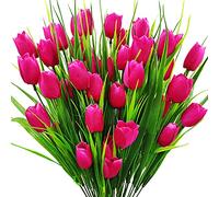Guagb 8 Bundles Outdoor Artificial Tulips Fake Flowers UV Resistant Faux Plastic Greenery Shrubs Plants for Home Outside Garden Porch Window Farmhouse Decor (Rose Red)