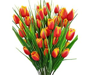 Guagb 8 Bundles Outdoor Artificial Tulips Fake Flowers UV Resistant Faux Plastic Greenery Shrubs Plants for Home Outside Garden Porch Window Farmhouse Decor (Orange)