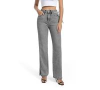 Guaile Womens Jeans High Waisted Stretchy Straight Leg Split Hem Jeans for Women Trendy Classic Denim, Grey, 10