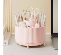 GUAKK 360° Rotating Desk Organiser - 5-Slot Pen Holder & Cosmetic Brush Storage, Plastic Desktop Tidy Accessories for Office/School/Home (pink)