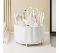 GUAKK 360° Rotating Desk Organiser - 5-Slot Pen Holder & Cosmetic Brush Storage, Plastic Desktop Tidy Accessories for Office/School/Home (white)