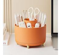 GUAKK 360° Rotating Desk Organiser - 5-Slot Pen Holder & Cosmetic Brush Storage, Plastic Desktop Tidy Accessories for Office/School/Home (orange)