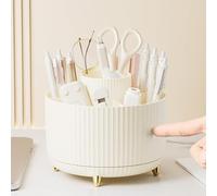 GUAKK 360° Rotating Desk Organiser - 5-Slot Pen Holder & Cosmetic Brush Storage, Plastic Desktop Tidy Accessories for Office/School/Home (cream white)