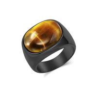 Gualiy 15MM Men Stainless Steel Rings, Black Ring with Oval Tiger's Eye Vintage Ring Band Size X 1/2