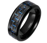 Gualiy 8MM Ceramic Promise Rings for Men, Black Ring Blue Carbon Fiber Wedding Band Anniversary Ring Size T 1/2