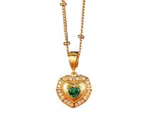 Gualiy 9K Gold Pendant Necklace for Women, Yellow Gold Heart with 0.3ct Lab Created Emerald and Moissanite Womens Pendant Necklace