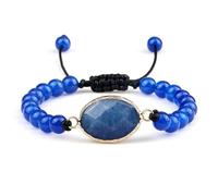 Gualiy Bead Bracelet for Women and Men, 6MM Dark Blue Lapis Lazuli Bracelet with Oval Charm Adjustable 17-28CM