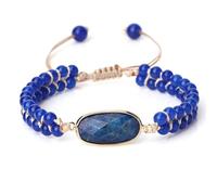 Gualiy Bead Bracelets for Women and Men, 4MM Dark Blue Lapis Lazuli Bracelet with Oval Charm Adjustable 17-28CM
