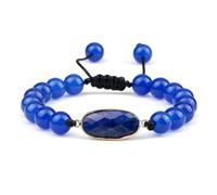Gualiy Beaded Bracelets for Men and Women, 8MM Dark Blue Lapis Lazuli Bracelet with Oval Charm Adjustable 17-28CM