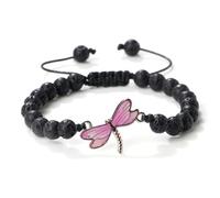 Gualiy Beaded Bracelets for Men and Women, 8MM Lava Rock Bracelet with Pink Dragonfly Adjustable 17-28CM