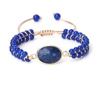 Gualiy Beaded Bracelets for Women and Men, 4MM Dark Blue Lapis Lazuli Bracelet with Oval Charm Adjustable 17-28CM
