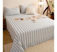 Gualiy King Size Flat Sheet 2 Pillow Case Set, Stripes Pattern Bed Sheets Chemical Fiber Flat Sheets 160x230cm, Light Blue