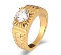 Gualiy Men Stainless Steel Ring, Men's Biker Rings Lattice Pattern Round Cubic Zirconia Gold Rings Size P 1/2