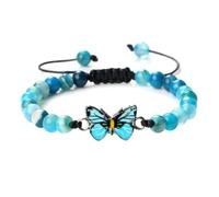 Gualiy Natural Stone Bracelet, 6MM Blue Agate Bead Bracelet with Butterfly for Women Men Adjustable 17-28CM